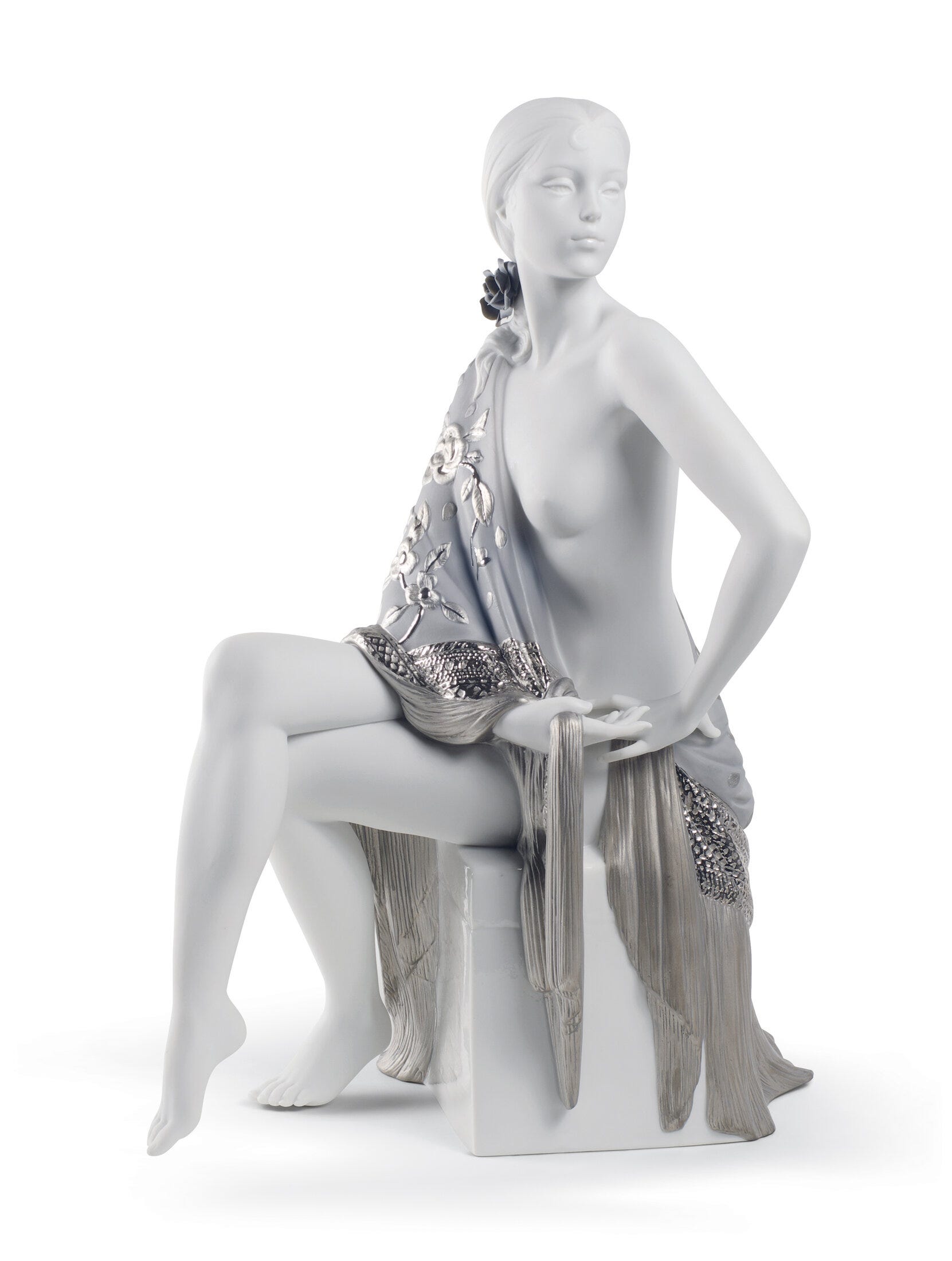 Figurina Donna Nudo con Scialle. Lustro d'argento
