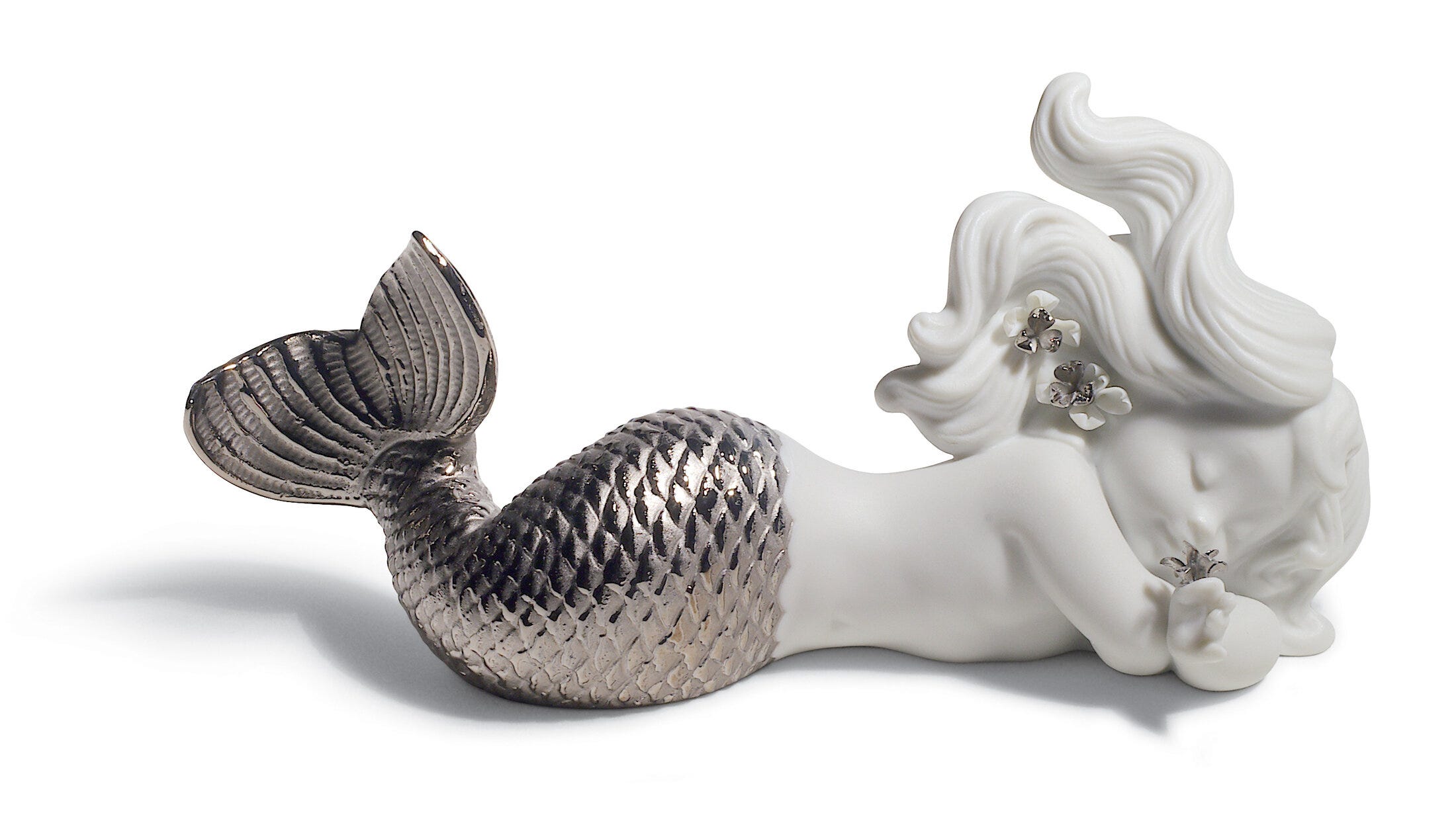 Day Dreaming at Sea Mermaid Figurine. Silver Lustre