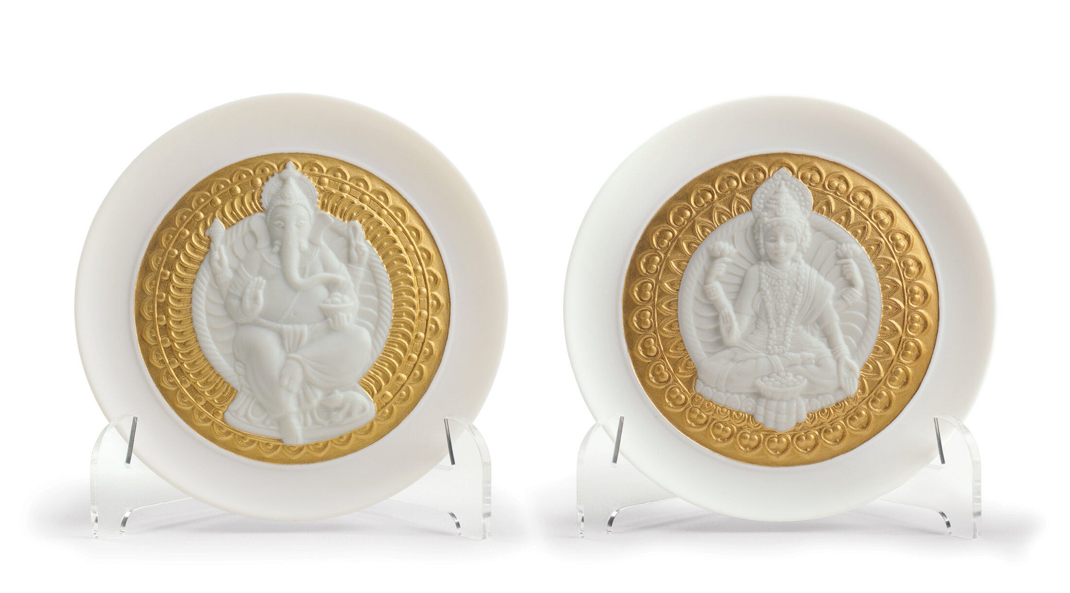 Goddes Lakshmi and Lord Ganesha Decorative Plates Set. Golden Lustre