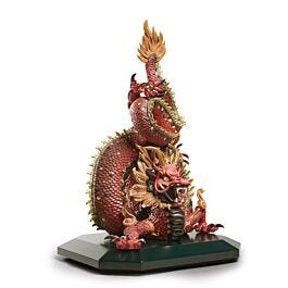 Protective Dragon Sculpture. Golden Luster and Red. Limited