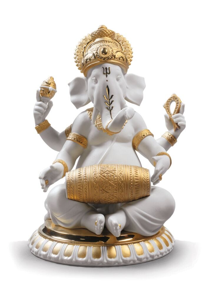 Mridangam Ganesha Figurine. Golden Lustre in Lladró
