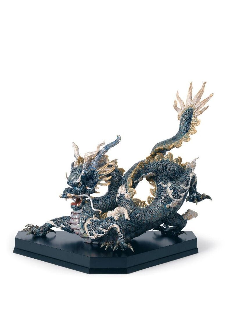 Great Dragon Sculpture. Golden Lustre and Blue. Limited Edition in Lladró