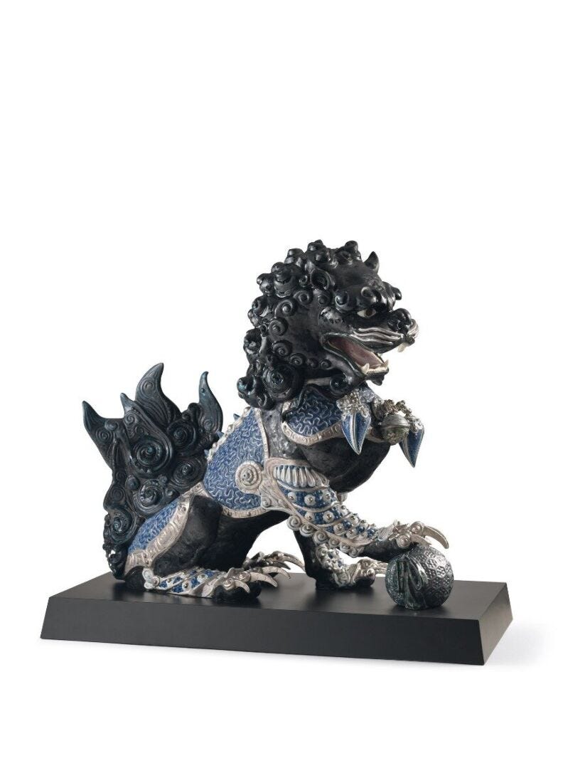 Guardian Lion Sculpture. Black. Limited Edition in Lladró