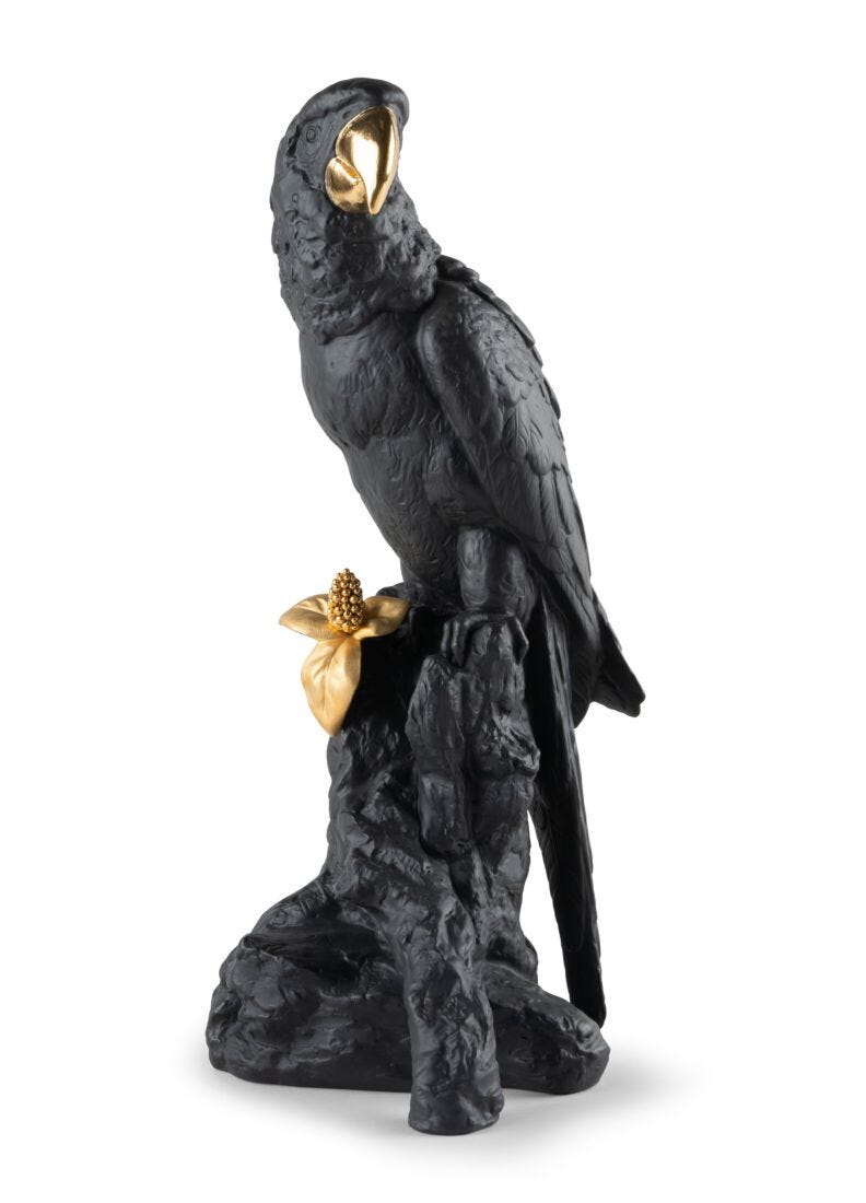 Macaw Bird Sculpture. Black-Gold. Limited Edition in Lladró