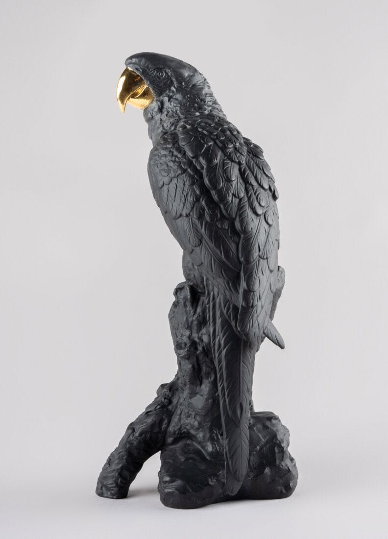 Macaw Bird Sculpture. Black-Gold. Limited Edition in Lladró