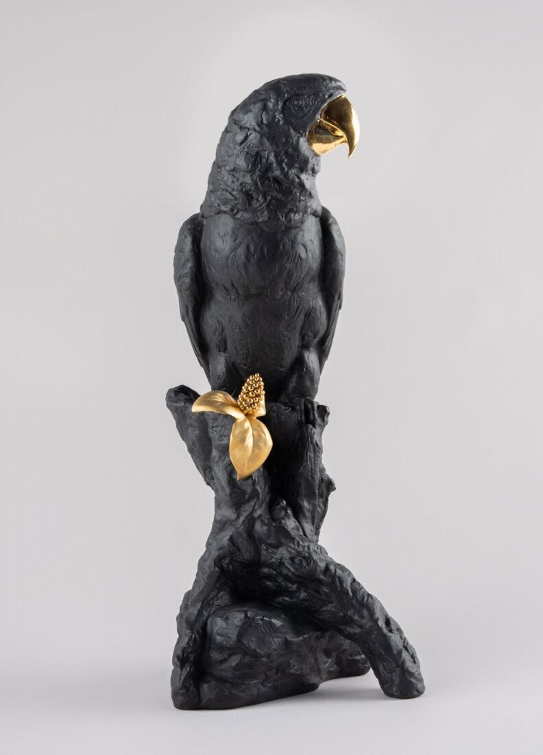 Macaw Bird Sculpture. Black-Gold. Limited Edition in Lladró