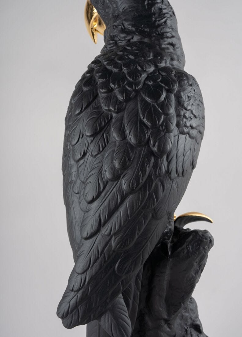 Macaw Bird Sculpture. Black-Gold. Limited Edition in Lladró