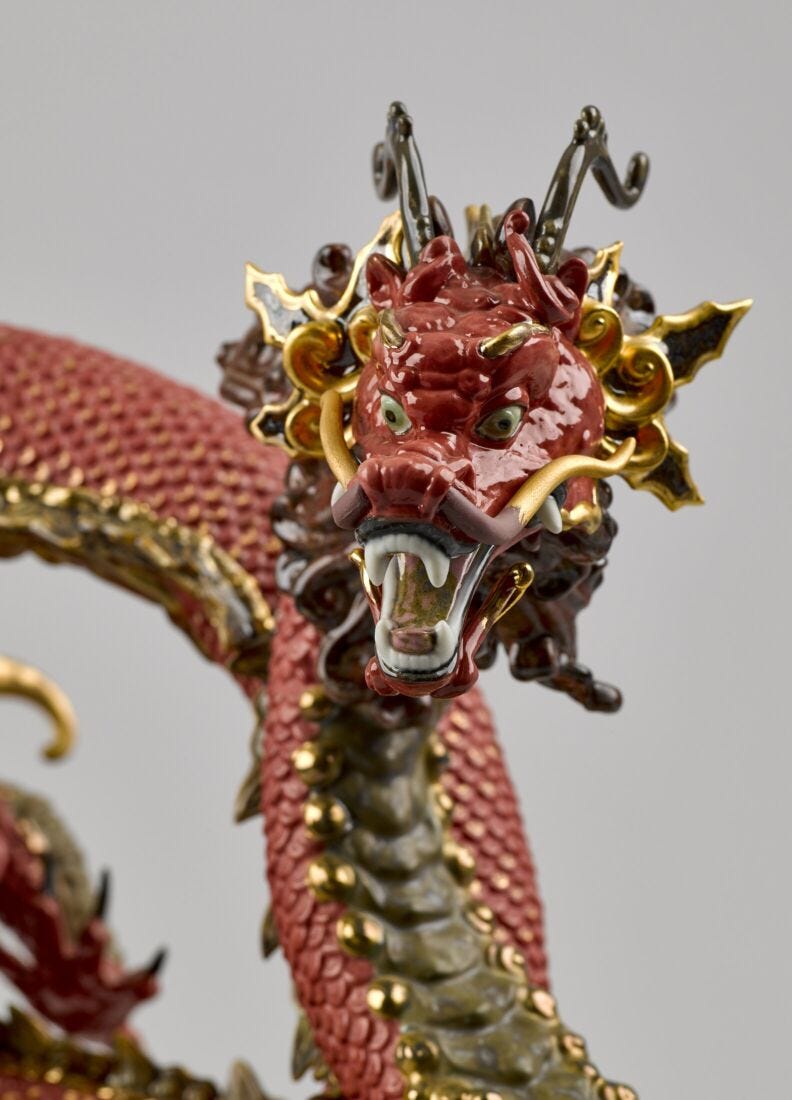 Auspicious Dragon Sculpture. Red. Limited Edition in Lladró