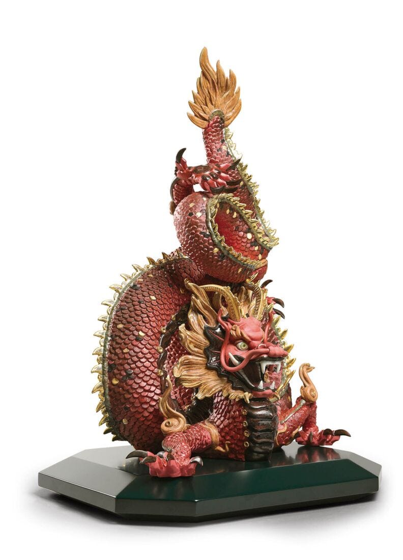 Protective Dragon Sculpture. Golden Luster and Red. Limited Edition in Lladró