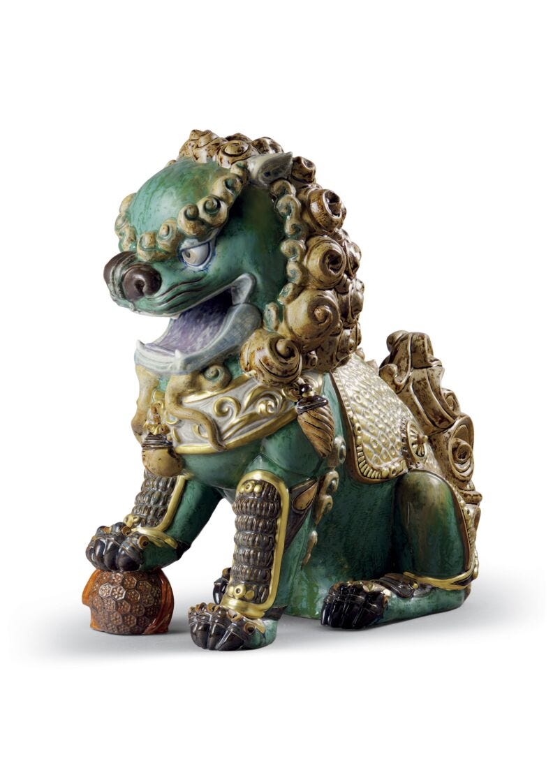 Oriental Lion Sculpture. Green. Limited Edition in Lladró