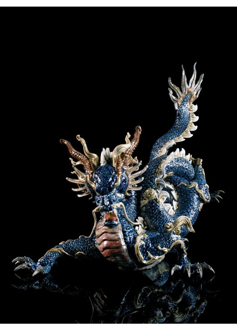 Great Dragon Sculpture. Blue enamel. Limited Edition in Lladró