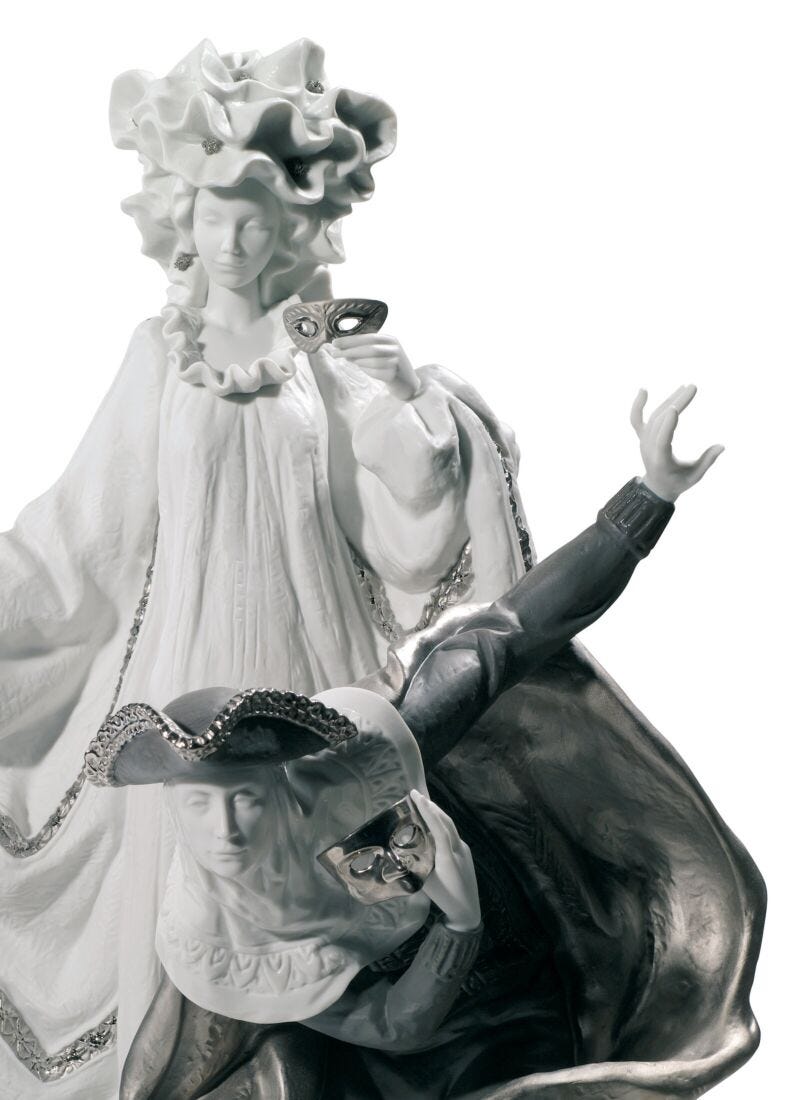 Escultura joven pareja Carnaval veneciano. Lustre plata. Serie limitada en Lladró