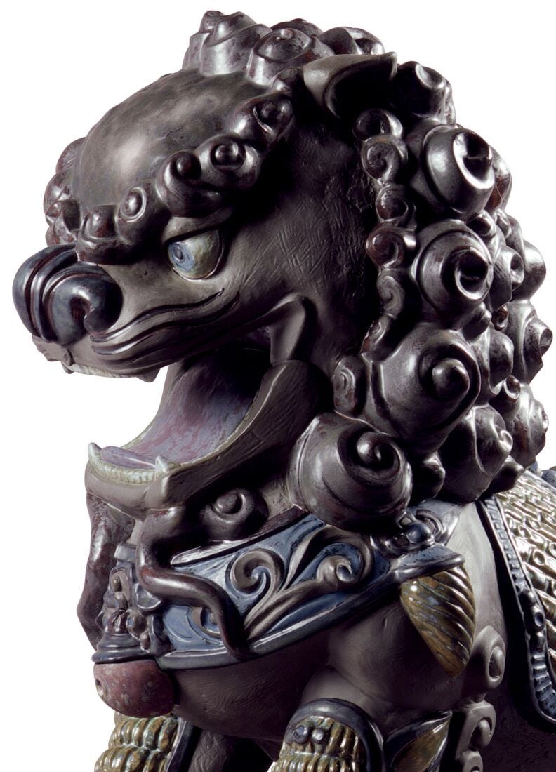 Oriental Lion Sculpture. Black in Lladró