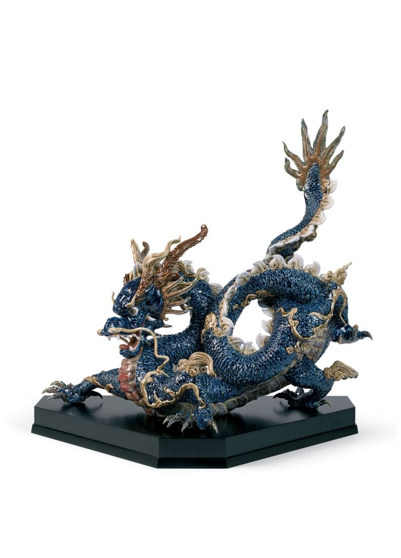Great Dragon Sculpture. Blue enamel. Limited Edition in Lladró