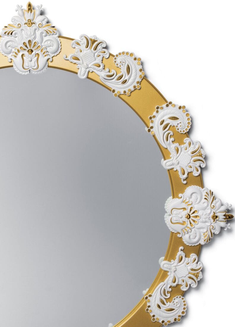 Round Large Wall Mirror. Golden Lustre and White. Limited Edition in Lladró