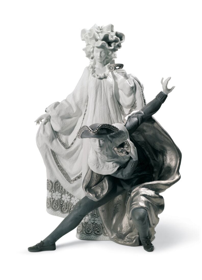 Venetian Carnival Couple Sculpture. Limited Edition. Silver Lustre in Lladró
