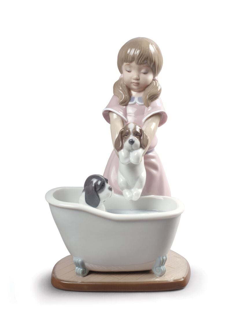 Bathing My Puppies Girl Figurine in Lladró