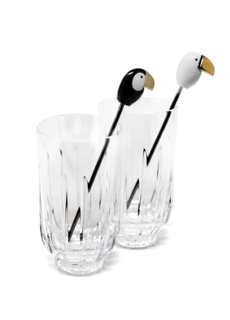 Toucan 2 tall Crystal Glasses + 2 Stirrers Set. Golden Luster in Lladró