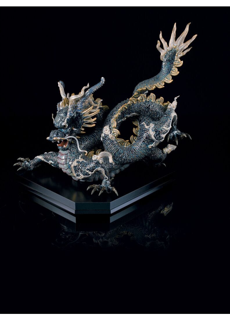 Great Dragon Sculpture. Golden Lustre and Blue. Limited Edition in Lladró