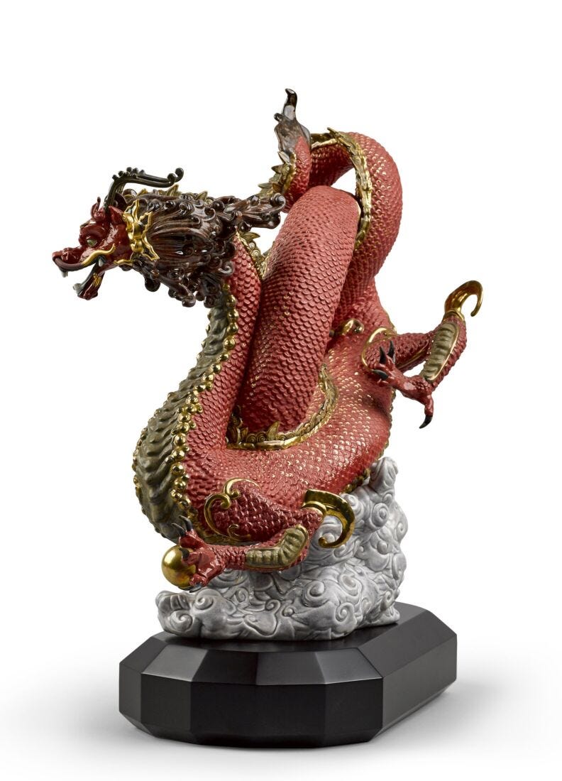 Auspicious Dragon Sculpture. Red. Limited Edition in Lladró