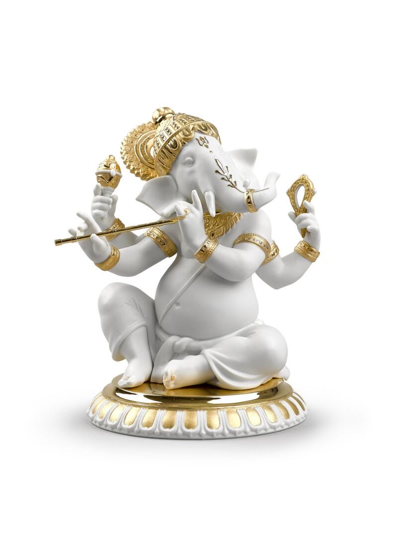 Bansuri Ganesha Figurine. Golden Lustre in Lladró