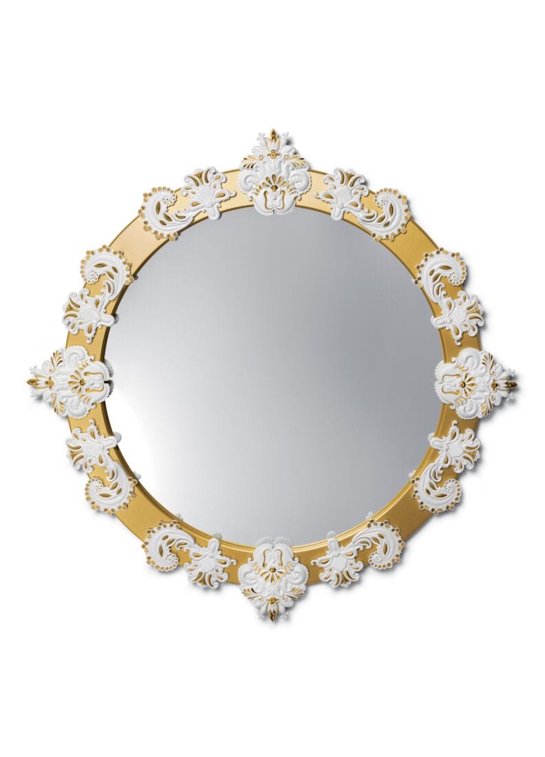 Round Large Wall Mirror. Golden Lustre and White. Limited Edition in Lladró