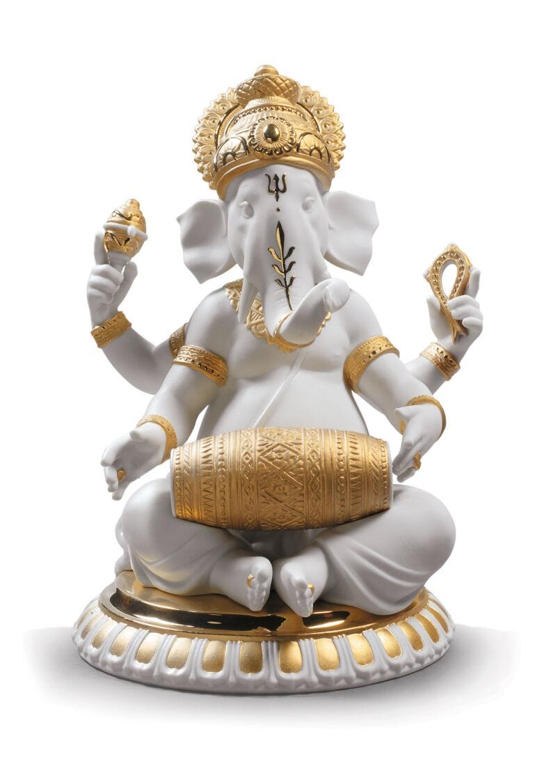 Mridangam Ganesha Figurine. Golden Lustre in Lladró