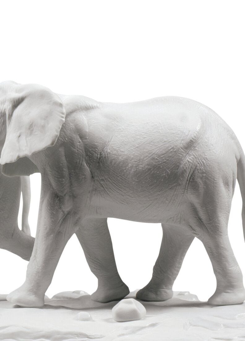 Scultura Elefanti Seguiamo i tuoi passi. Bianco in Lladró