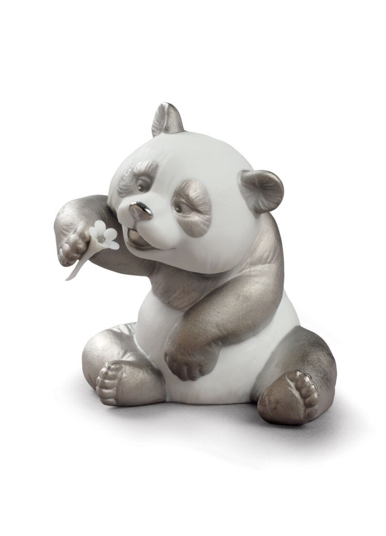 A Cheerful Panda Figurine. Silver Lustre in Lladró
