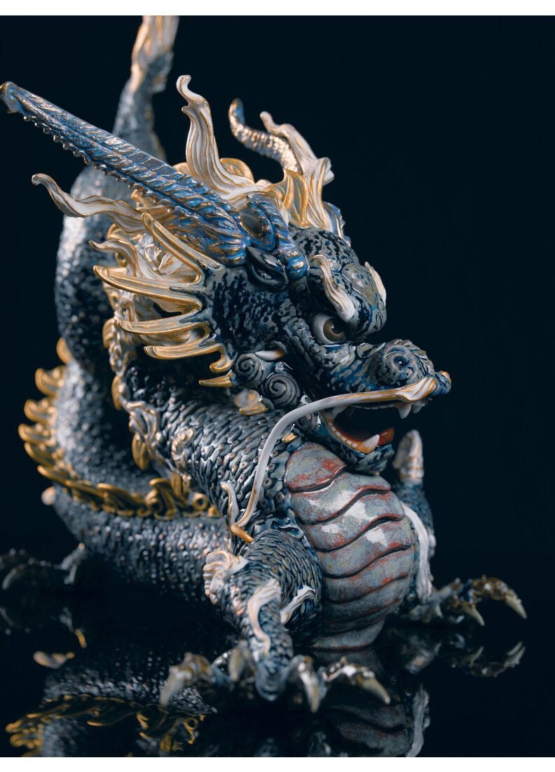 Great Dragon Sculpture. Golden Lustre and Blue. Limited Edition in Lladró