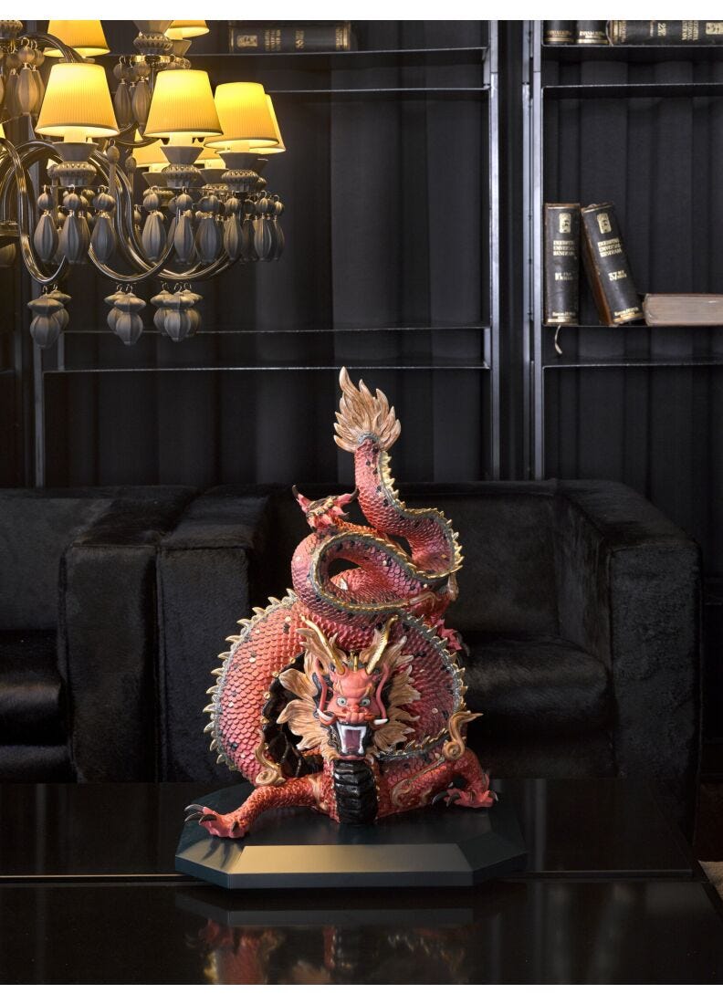 Protective Dragon Sculpture. Golden Luster and Red. Limited Edition in Lladró