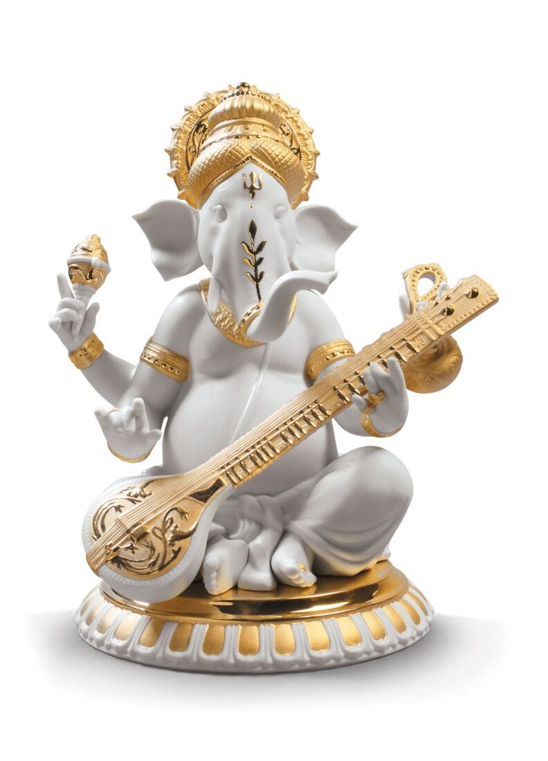 Veena Ganesha Figurine. Golden Lustre in Lladró