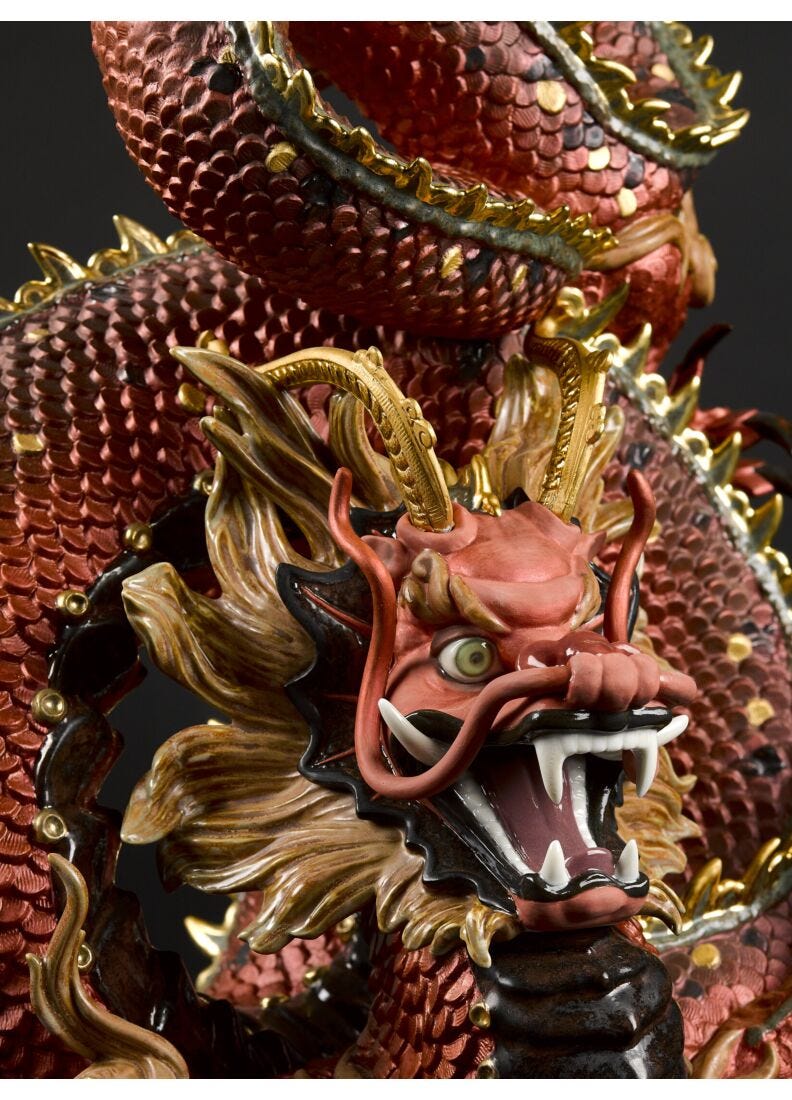 Protective Dragon Sculpture. Golden Luster and Red. Limited Edition in Lladró