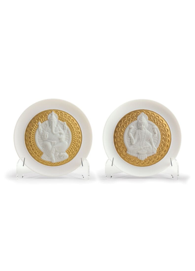 GODDESS LAKSHMI & LORD GANESHA PLATE SET(White&Gold) in Lladró