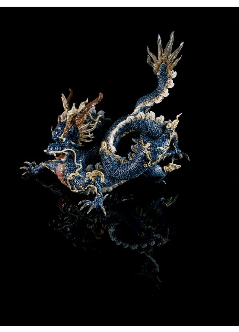 Great Dragon Sculpture. Blue enamel. Limited Edition in Lladró