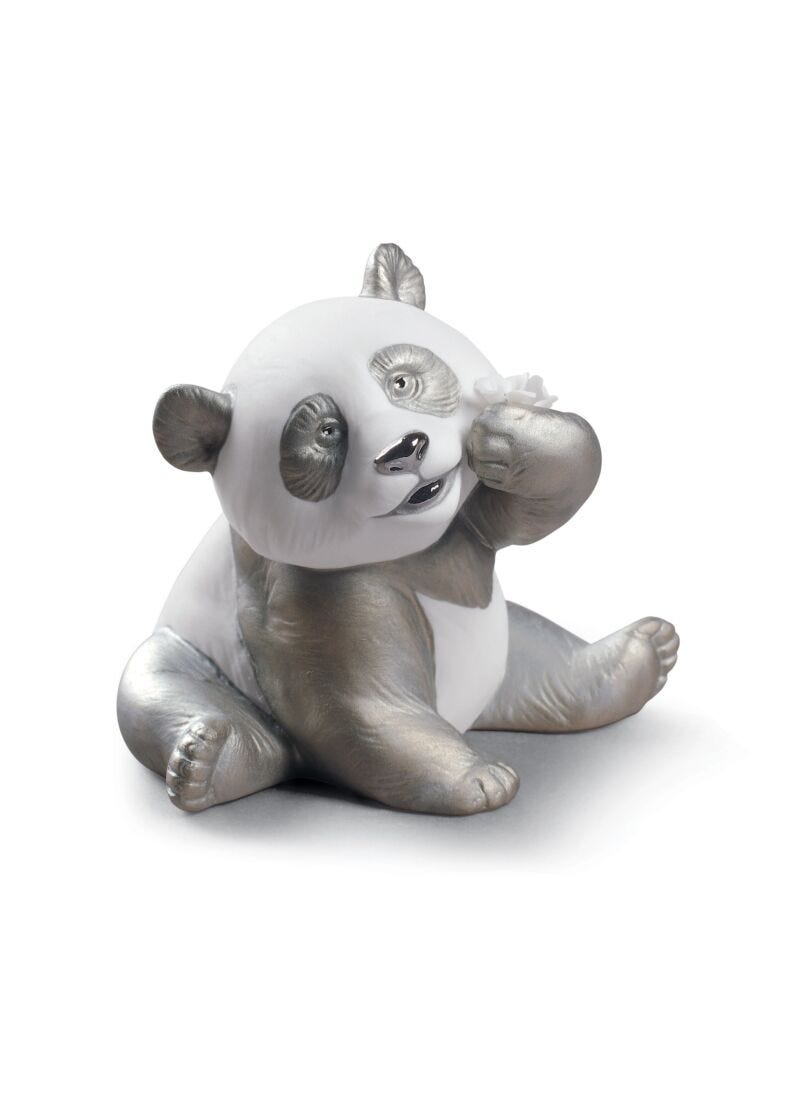 A Happy Panda Figurine. Silver Lustre in Lladró