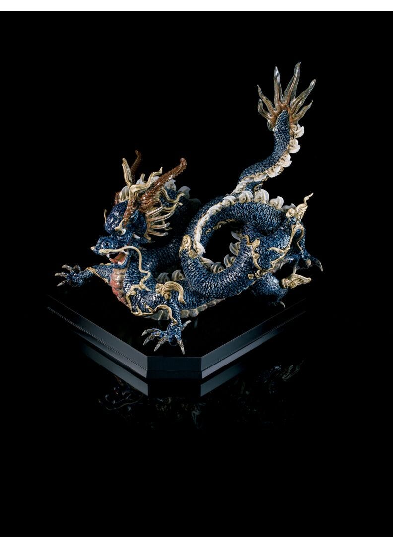 Great Dragon Sculpture. Blue enamel. Limited Edition in Lladró