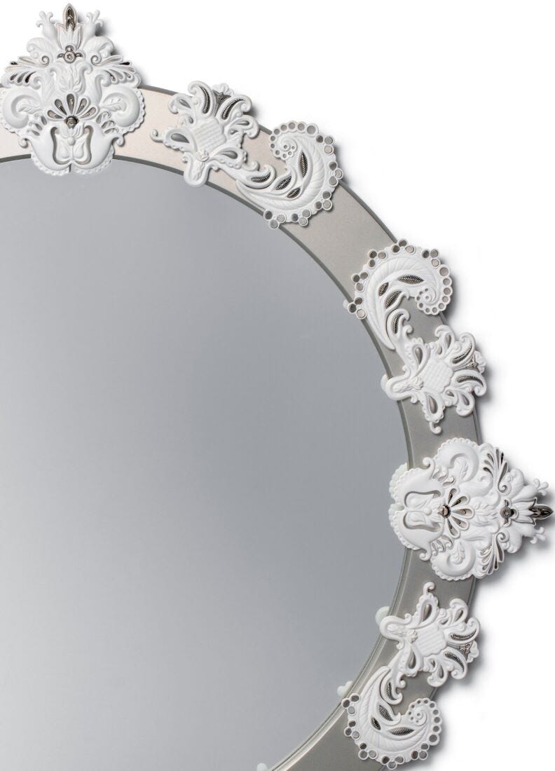 Specchio da parete rotondo grande. Lustro argento e bianco. Edizione limitata in Lladró