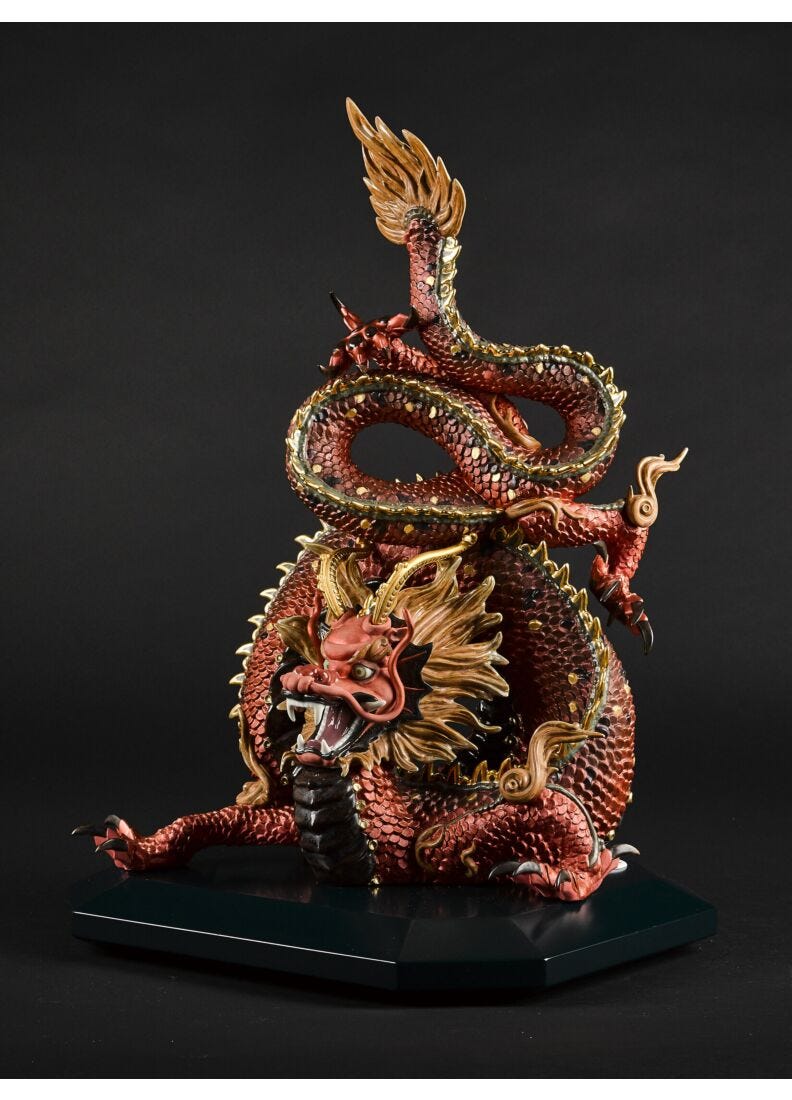 Protective Dragon Sculpture. Golden Luster and Red. Limited Edition in Lladró