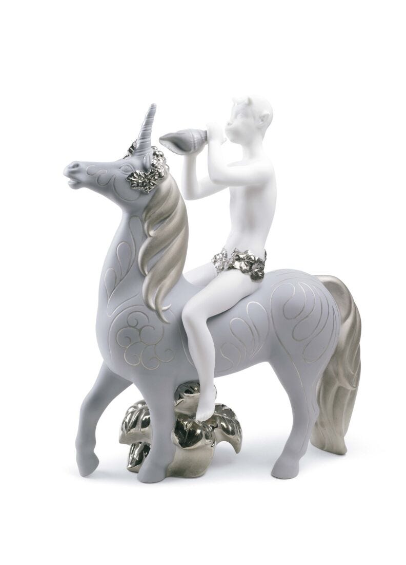 Faun and unicorn (white & silver) in Lladró