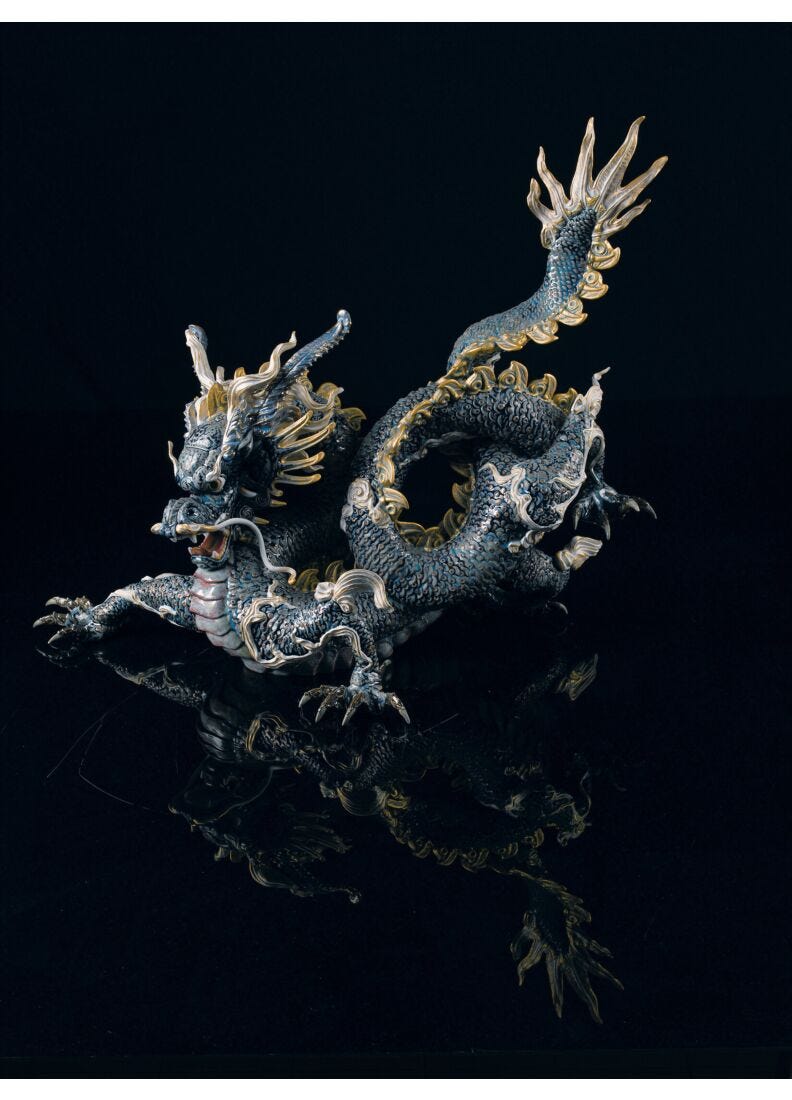 Great Dragon Sculpture. Golden Lustre and Blue. Limited Edition in Lladró