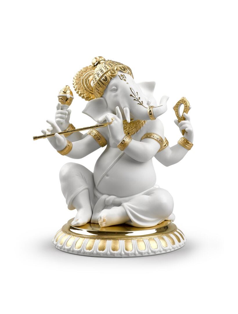 Bansuri Ganesha Figurine. Golden Lustre - Lladro-India