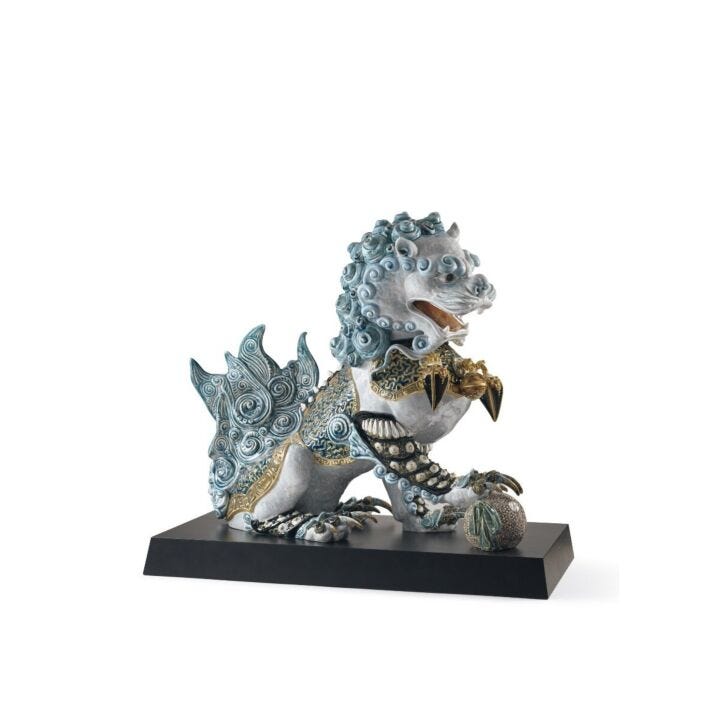 Guardian Lion Sculpture. Blue. Limited Edition in Lladró