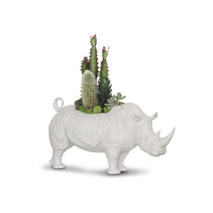 Rhino Garden Figurine. Matte White. Plant the Future in Lladró