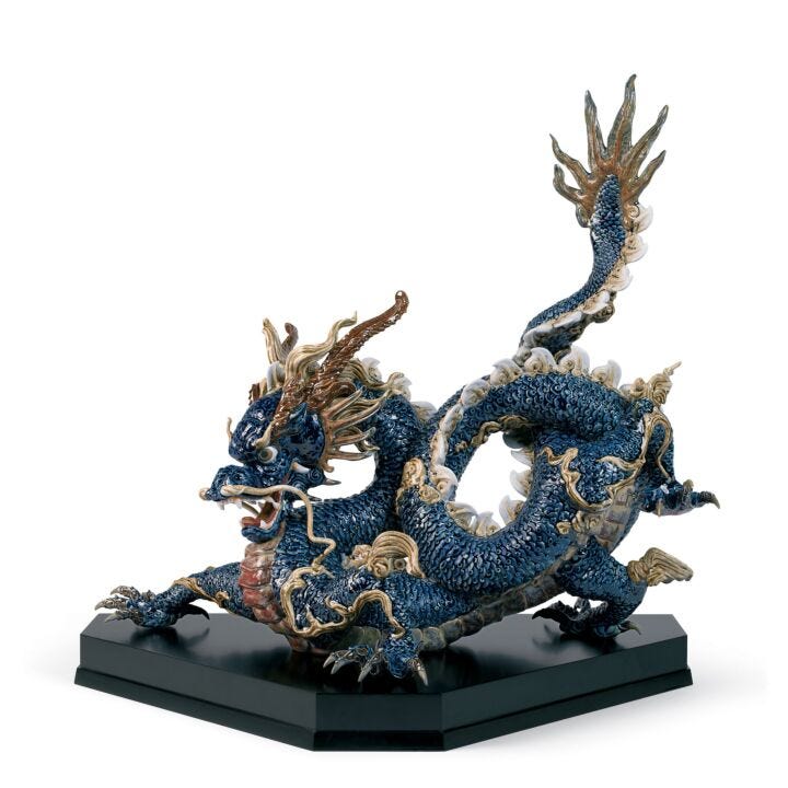 Great Dragon Sculpture. Blue enamel. Limited Edition in Lladró