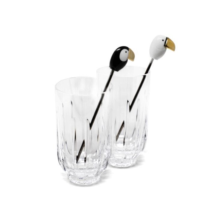 Toucan 2 tall Crystal Glasses + 2 Stirrers Set. Golden Luster in Lladró