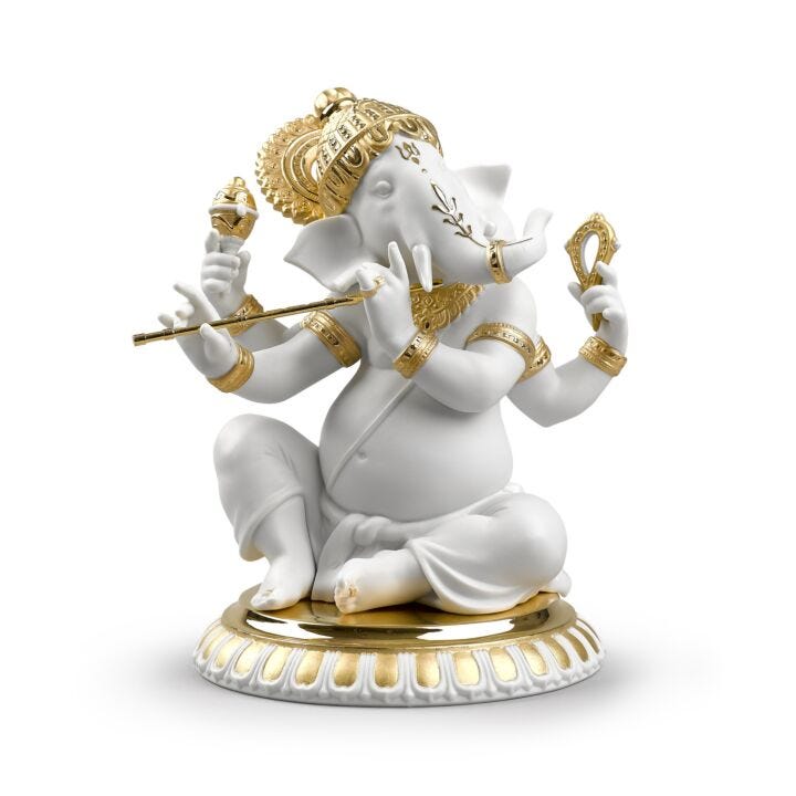 Bansuri Ganesha Figurine. Golden Lustre in Lladró
