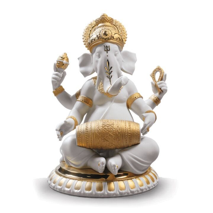 Mridangam Ganesha Figurine. Golden Lustre in Lladró