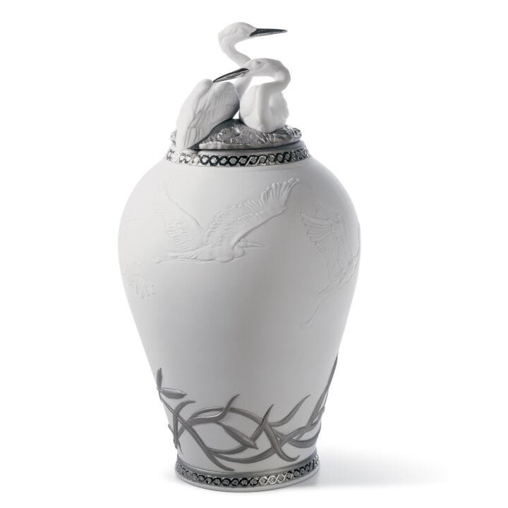 Herons Realm Covered Vase Figurine. Silver Lustre in Lladró