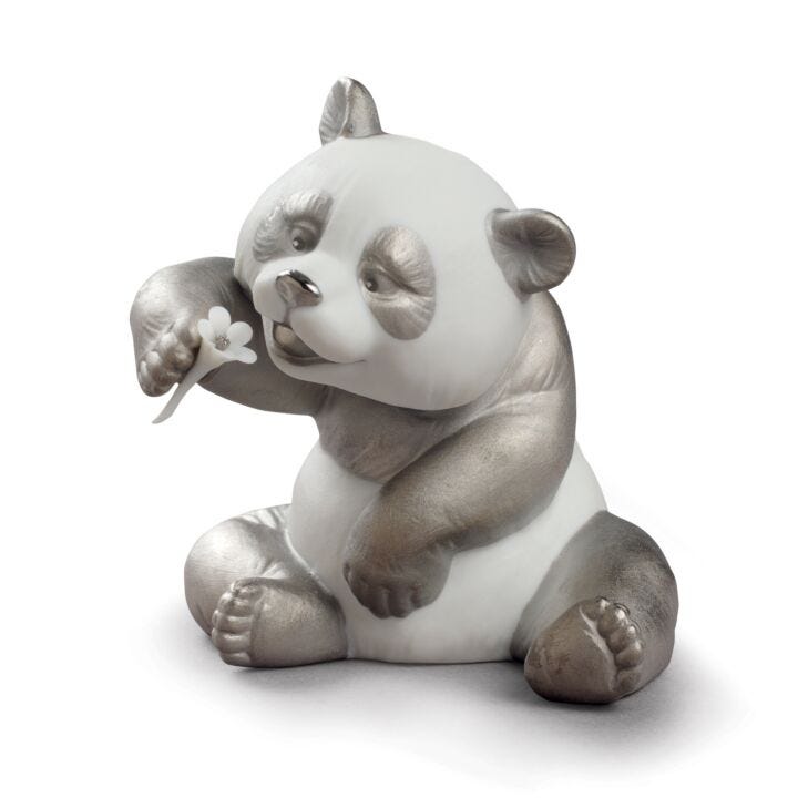 A Cheerful Panda Figurine. Silver Lustre in Lladró